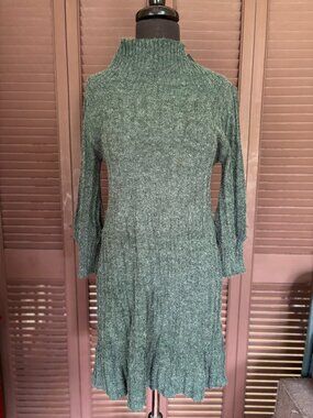 Cowl-neck seafoam coloured knit long sleeve dress